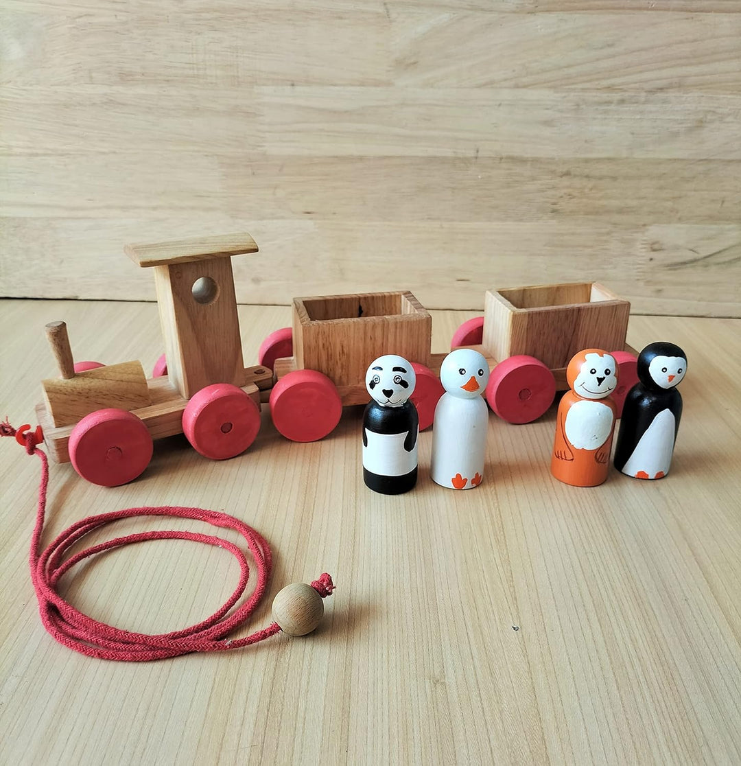 Channapatna Toys Pull Along Toy Wooden Train with 4 Animals Peg Dolls for 12 Months & Above Kids, Toddlers, Infant & Preschool Toys - Multicolor - Wooden Toys Train Indian Passenger Set