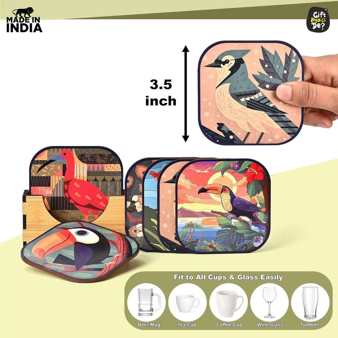 Gift Kya De Coaster Set of 6 Unique Birds & Jungle Theme Design | Wooden Coasters to Serve Tea Cups, Coffee Mugs and Glasses (Ecofriendly)