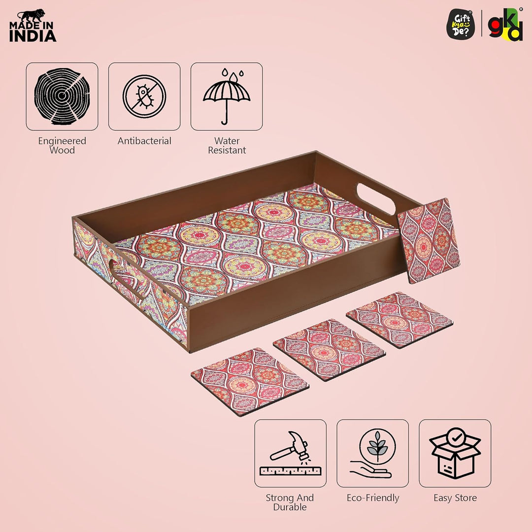 Wooden Serving Tray with 4 Free Coasters – 11x15 Inch Tea, Coffee & Snack Tray – Tray with Handles for Home, Kitchen & Dining