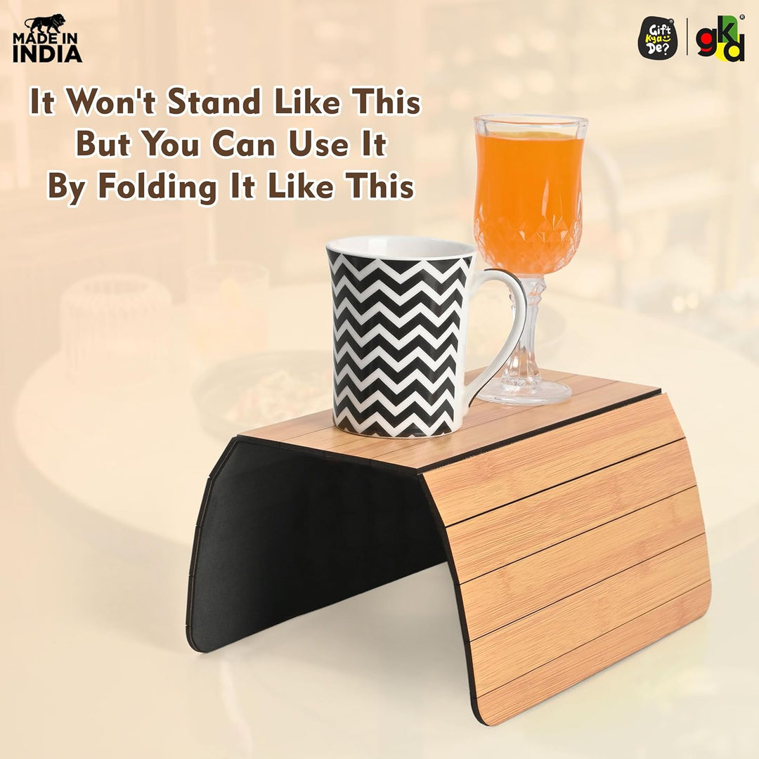 Foldable Sofa Armrest Tray | Bamboo Finish Couch Tray for Snacks, Drinks, Coffee | Available in Small & Large | Eco-Friendly MDF Wood