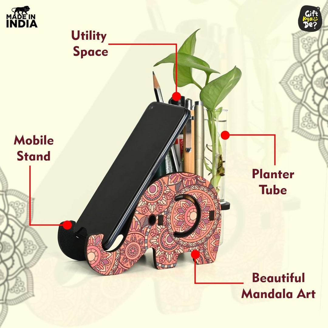 Gift Kya De Elephant Shaped Wooden Pen Holder & Mobile Stand | Mandala Art Design | Also with Test Tube Planter