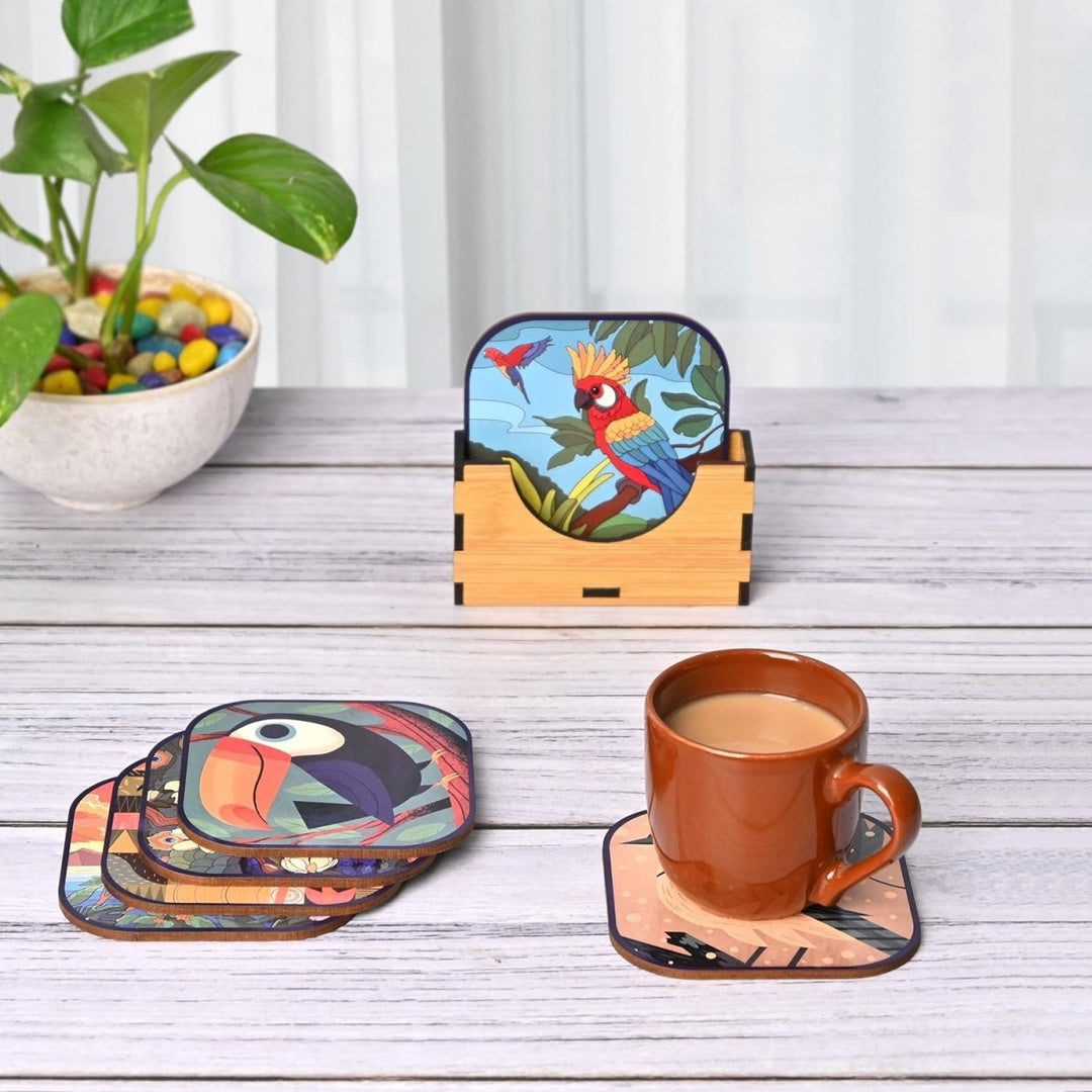 Gift Kya De Coaster Set of 6 Unique Birds & Jungle Theme Design | Wooden Coasters to Serve Tea Cups, Coffee Mugs and Glasses (Ecofriendly)