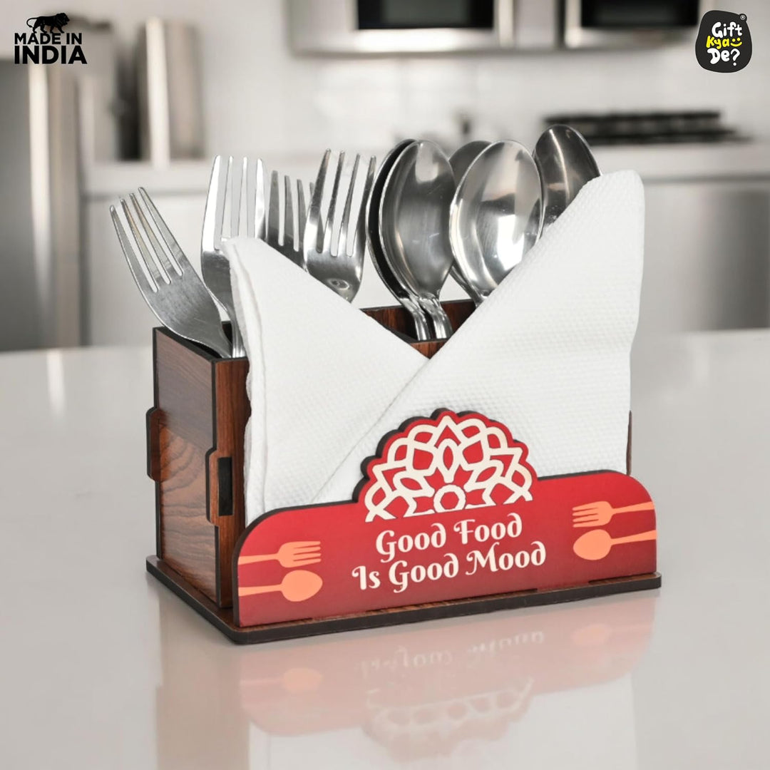 Gift Kya De Cutlery Stand with Tissue Holder for Kitchen & Dining Table | 2 Compartments | Spoon, Knife & Fork Holder, Cutlery Organizer