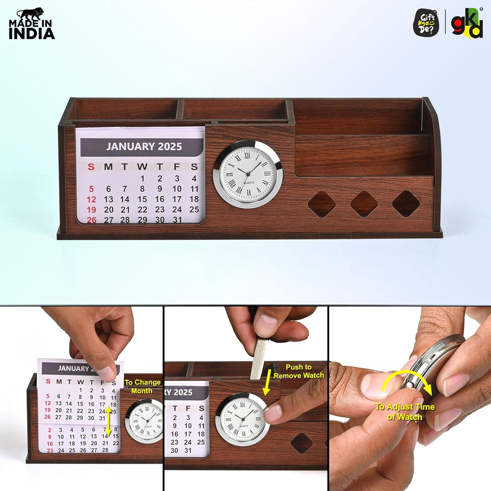 Gift Kya De Wooden Desk Organizer with Calendar, Clock and 4 Compartments for Stationery, Mobile and Remote | Tabletop Organizer for Office and Home Use