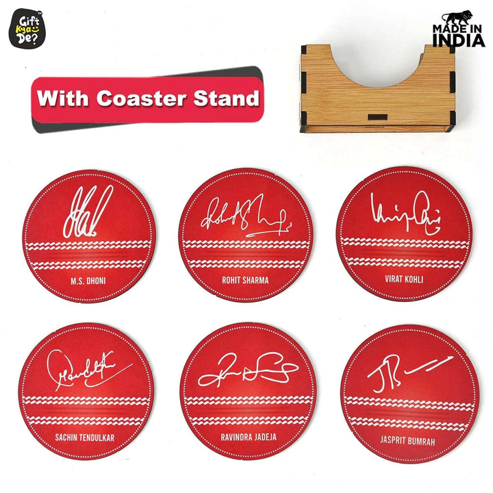Gift Kya De Cricket Themed Coaster Set of 6 with Proper Coaster Stand | Perfect For Tea And Coffee Cups