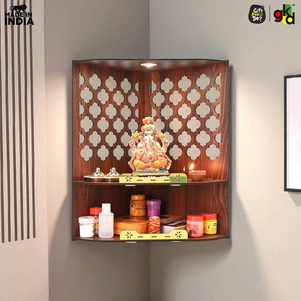 Wooden Corner Pooja Mandir for Home & Office | Wall Mounted Pooja Stand with LED Light (H-17 x W-10 x L-15 Inch)