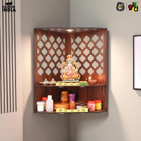 Wooden Corner Pooja Mandir for Home & Office | Wall Mounted Pooja Stand with LED Light (H-17 x W-10 x L-15 Inch)