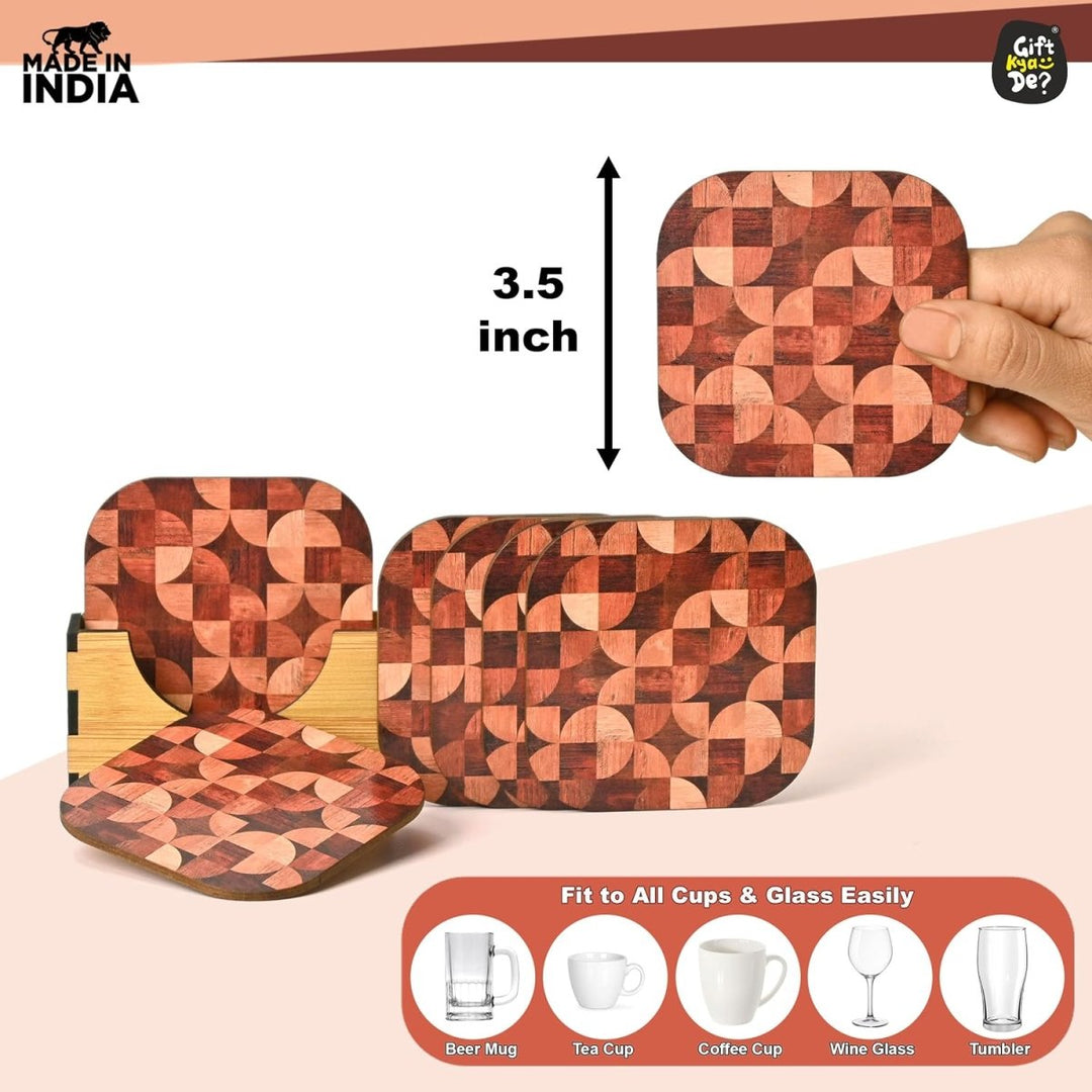 Gift Kya De Coaster Set of 6 Woody Design | Wooden Coasters With Coaster Stand | Kitchen Accessories (Ecofriendly)