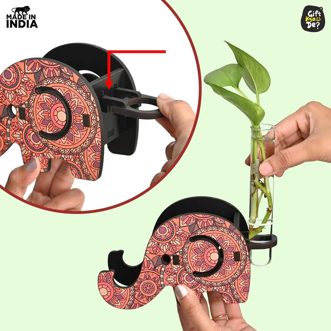 Gift Kya De Elephant Shaped Wooden Pen Holder & Mobile Stand | Mandala Art Design | Also with Test Tube Planter