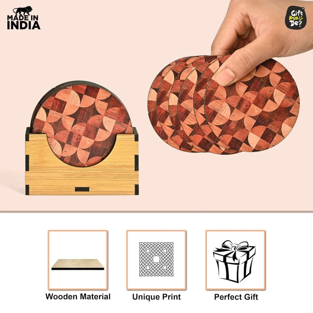 Gift Kya De Coaster Set of 6 Woody Design | Wooden Coasters With Coaster Stand | Kitchen Accessories (Ecofriendly)