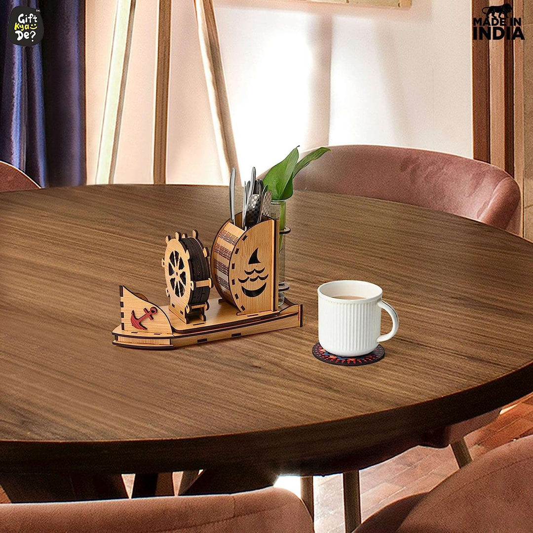 Gift Kya De Boat Shape Coaster Stand With Set of 6 Coaster & Cute Test Tube Planter