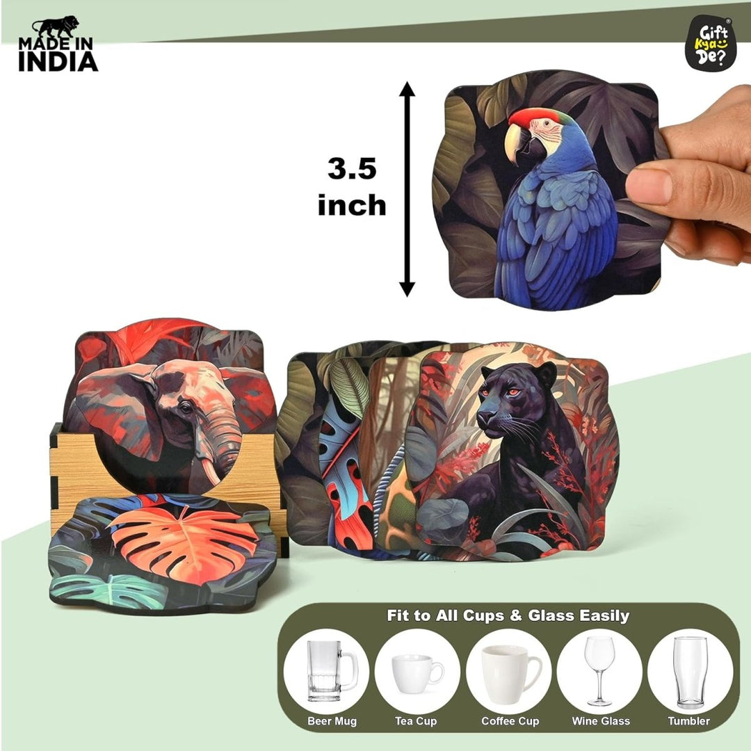 Gift Kya De Coaster Set of 6 Unique Birds & Jungle Theme Design | Wooden Coasters to Serve Tea Cups, Coffee Mugs and Glasses (Ecofriendly)