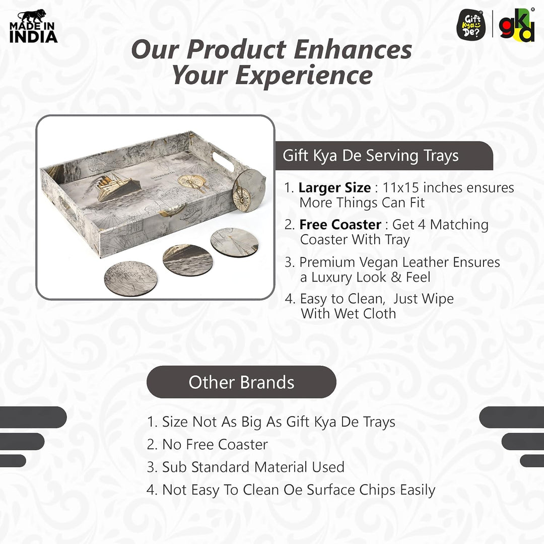 Wooden Serving Tray with 4 Free Coasters – 11x15 Inch Tea, Coffee & Snack Tray – Tray with Handles for Home, Kitchen & Dining