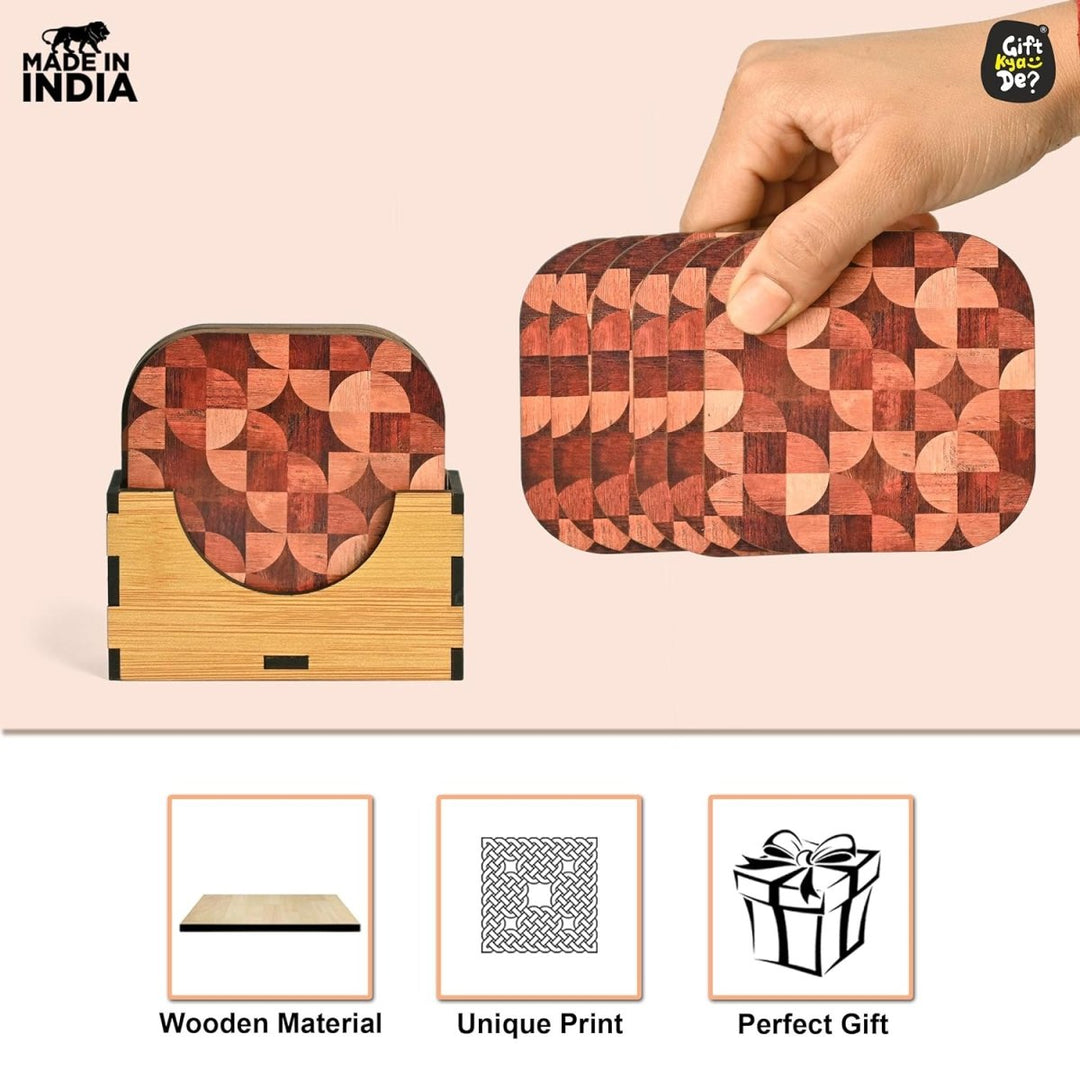 Gift Kya De Coaster Set of 6 Woody Design | Wooden Coasters With Coaster Stand | Kitchen Accessories (Ecofriendly)
