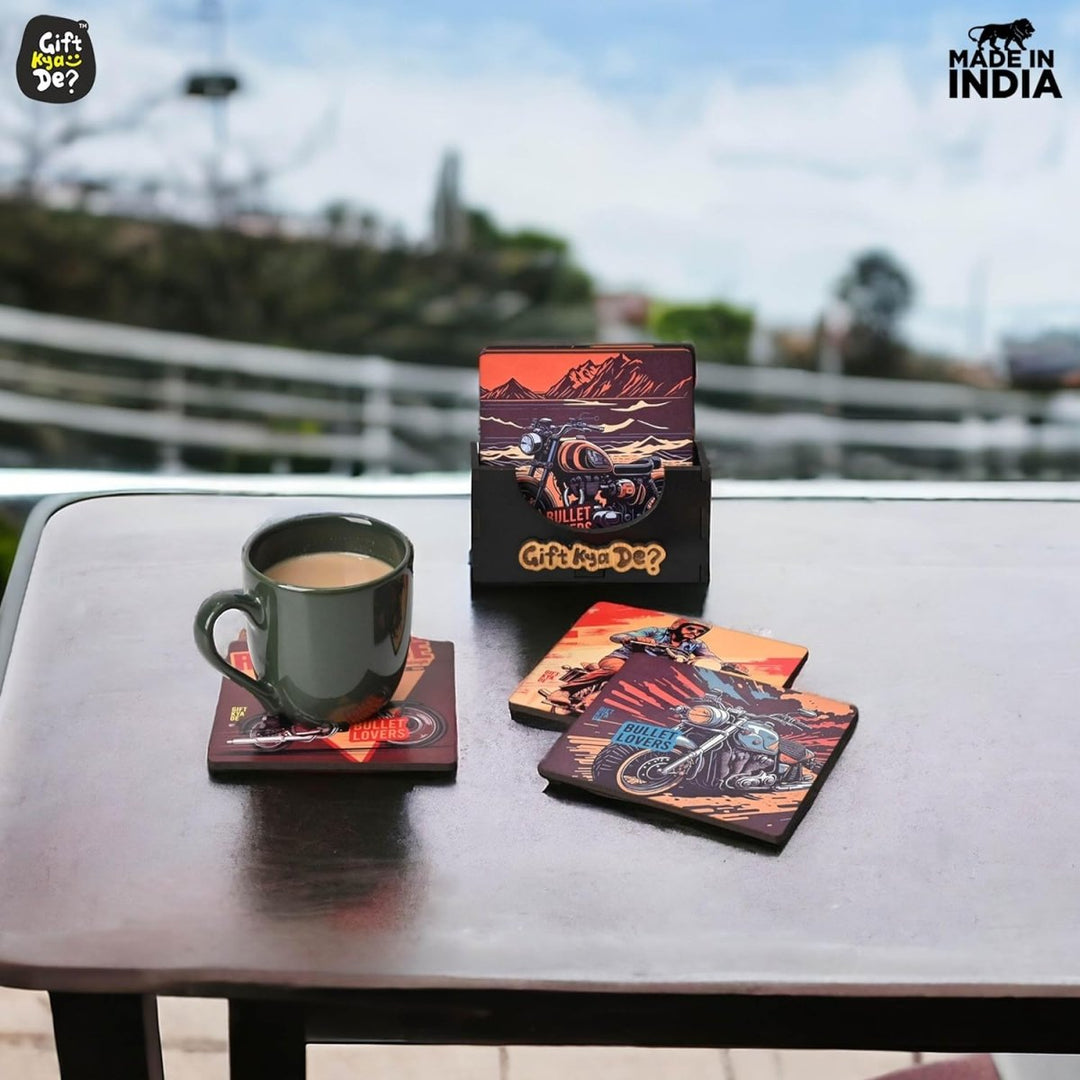 Gift Kya De Coaster Set of 6 Bullet Bike & Thar Car Lover | Gifts with Proper Coaster Stand | Set fit for Tea Cups, Coffee Mugs and Glasses (Square 10 x 10 cm)