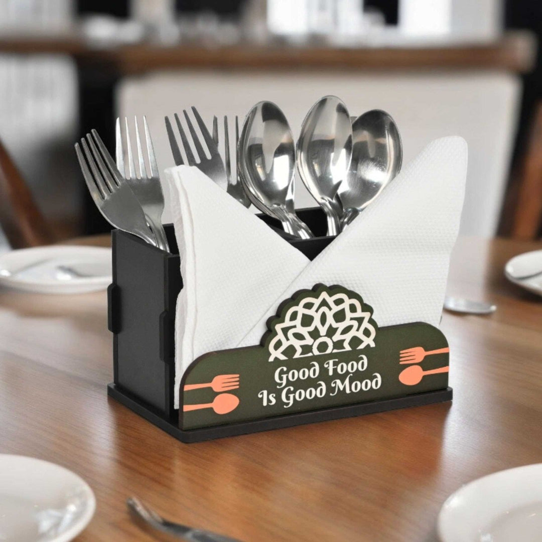 Gift Kya De Cutlery Stand with Tissue Holder for Kitchen & Dining Table | 2 Compartments | Spoon, Knife & Fork Holder, Cutlery Organizer