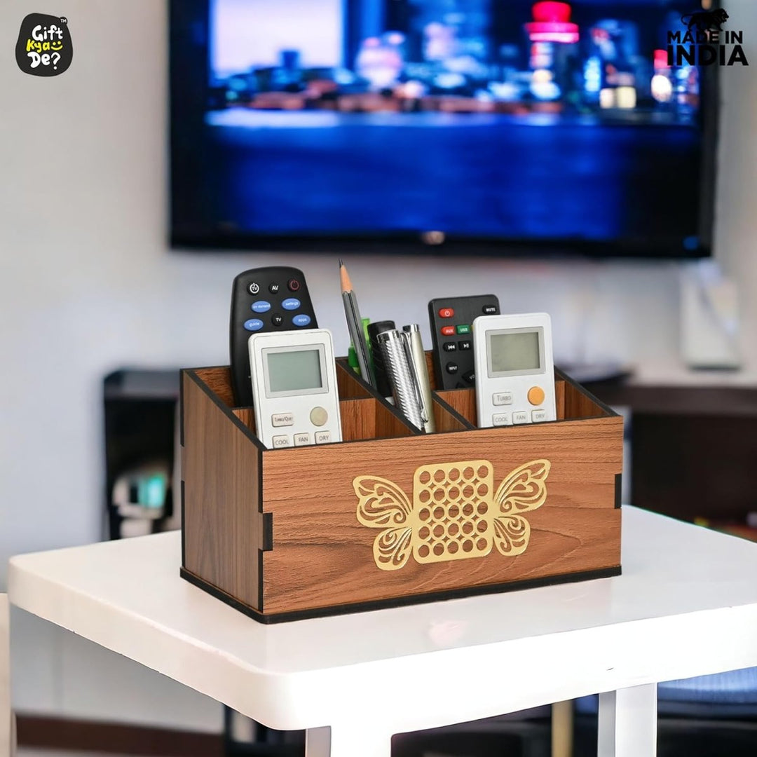 Gift Kya De Wooden Remote Stand with 5 Sections | Remote Holder for TV and AC | Stationary Organizer | Ideal for Home and Office
