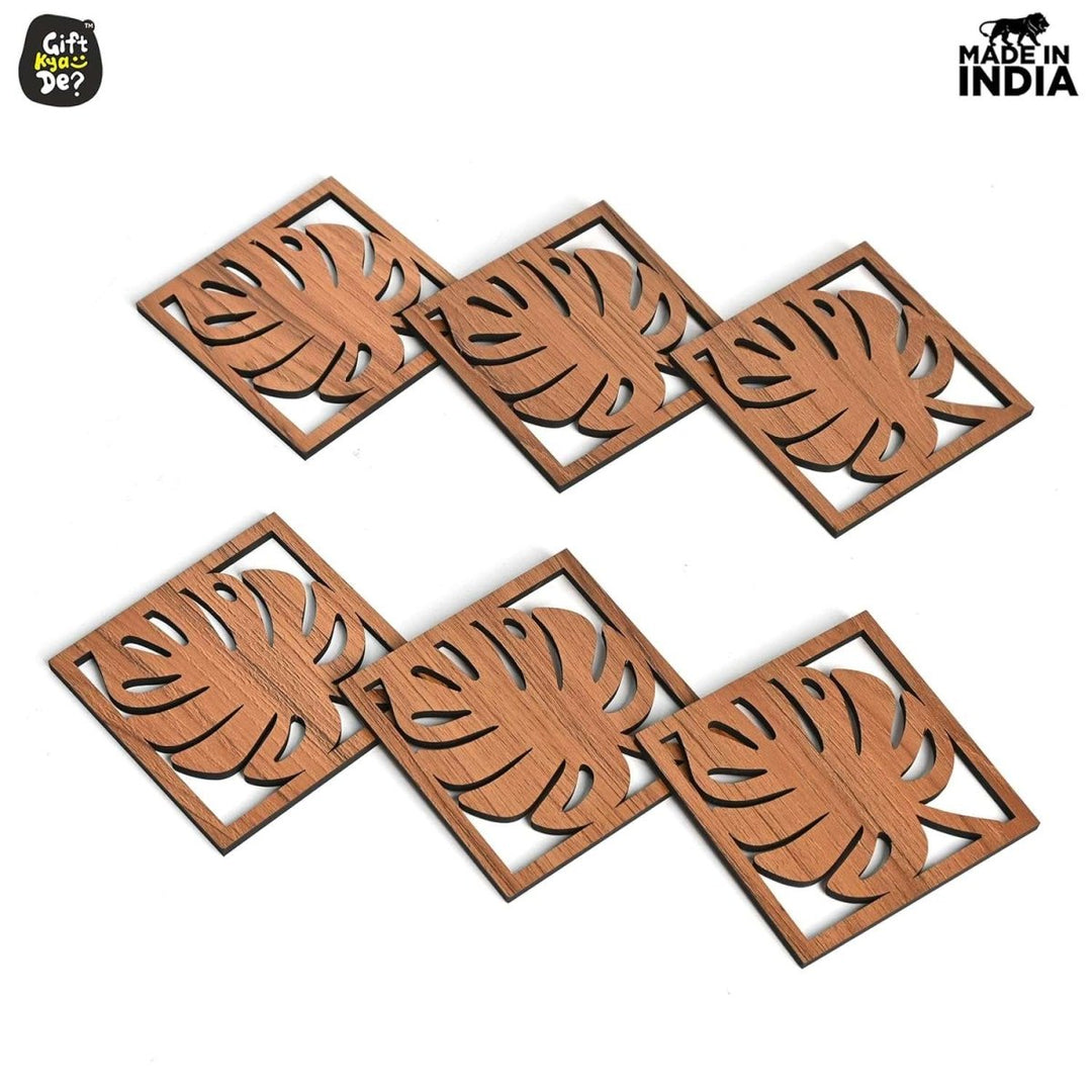 Gift Kya De Coaster Set of 6 Leaf Cutwork Design | Wooden Coasters to Serve Tea Cups, Coffee Mugs and Glasses