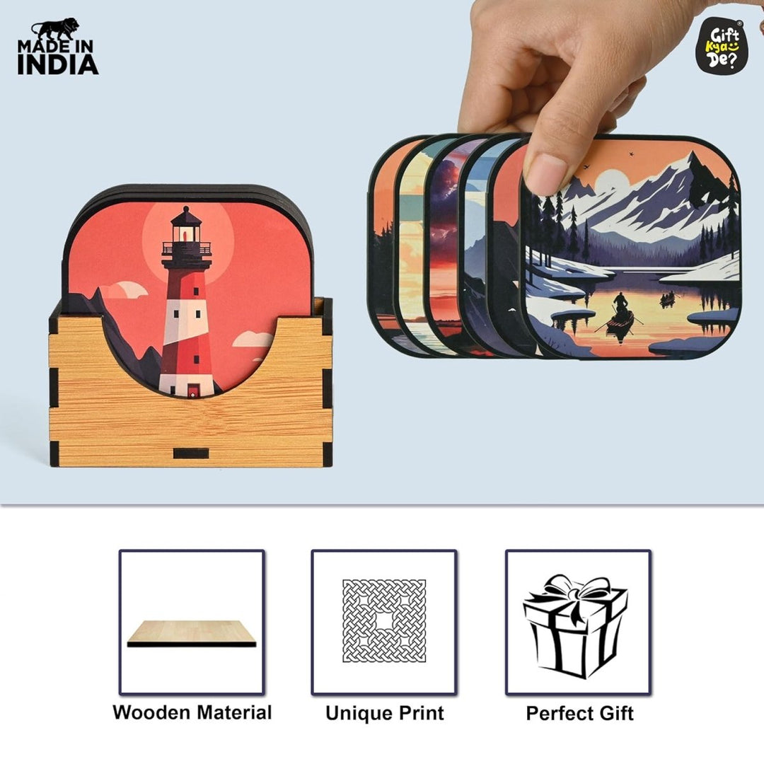 Gift Kya De Coaster Set of 6 Nature & Travel Theme Design | Wooden Coasters to Serve Tea Cups, Coffee Mugs and Glasses