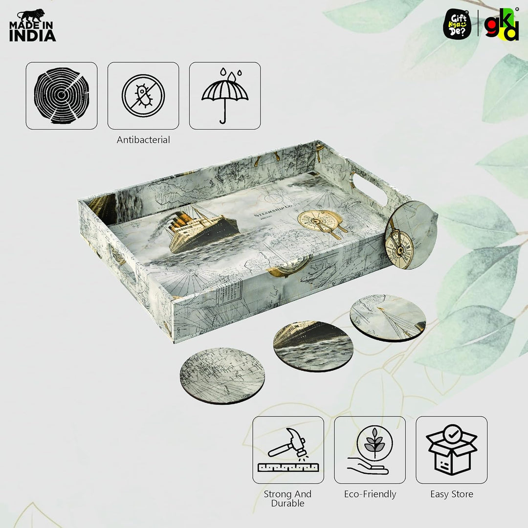 Wooden Serving Tray with 4 Free Coasters – 11x15 Inch Tea, Coffee & Snack Tray – Tray with Handles for Home, Kitchen & Dining