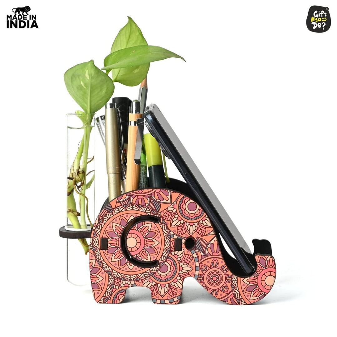 Gift Kya De Elephant Shaped Wooden Pen Holder & Mobile Stand | Mandala Art Design | Also with Test Tube Planter