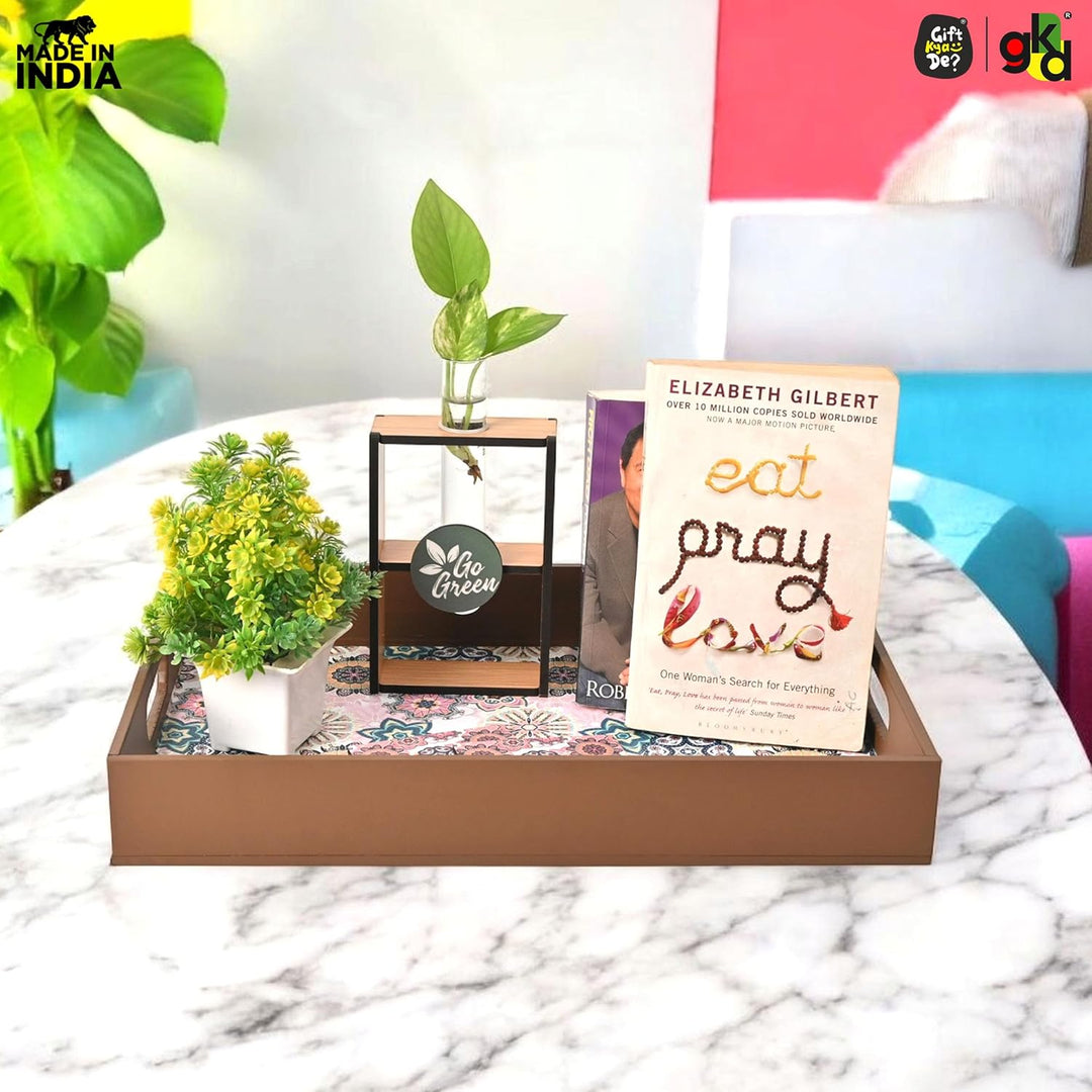 Wooden Serving Tray with 4 Free Coasters – 11x15 Inch Tea, Coffee & Snack Tray – Tray with Handles for Home, Kitchen & Dining