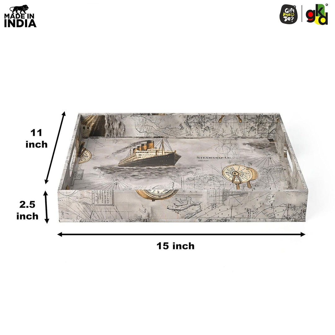 Wooden Serving Tray with 4 Free Coasters – 11x15 Inch Tea, Coffee & Snack Tray – Tray with Handles for Home, Kitchen & Dining