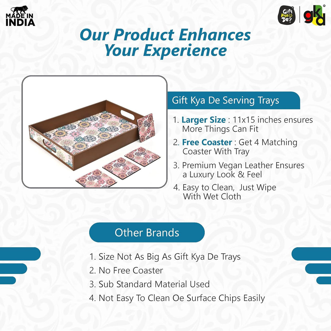 Wooden Serving Tray with 4 Free Coasters – 11x15 Inch Tea, Coffee & Snack Tray – Tray with Handles for Home, Kitchen & Dining