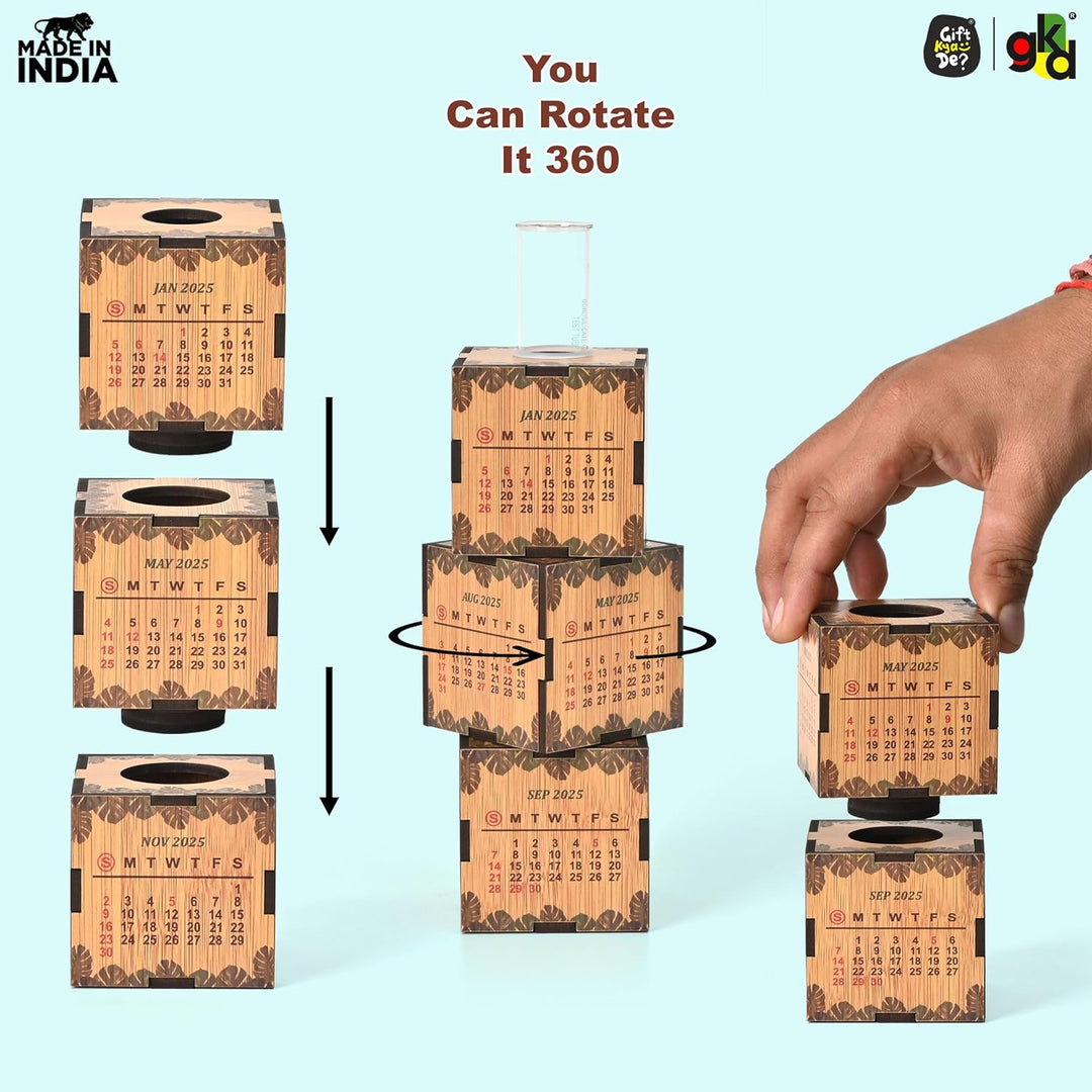 Gift Kya De 3-Cube Wooden Desk Calendar 2025 with Test Tube Planter | Desk Organizer for Home, Office & Corporate Gifting