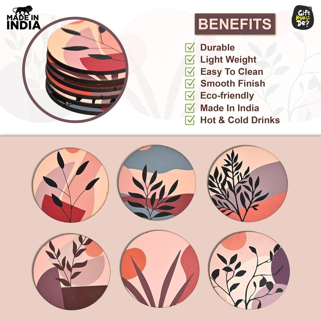 Gift Kya De Coaster Set of 6 Modern Art Design | Wooden Coasters to Serve Tea Cups, Coffee Mugs and Glasses