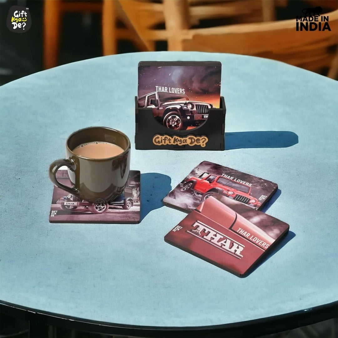 Gift Kya De Coaster Set of 6 Bullet Bike & Thar Car Lover | Gifts with Proper Coaster Stand | Set fit for Tea Cups, Coffee Mugs and Glasses (Square 10 x 10 cm)