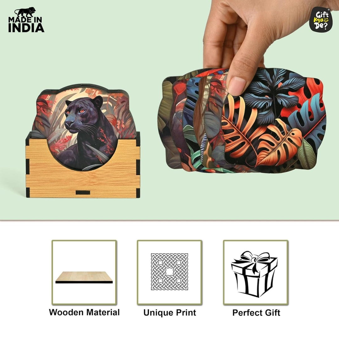 Gift Kya De Coaster Set of 6 Unique Birds & Jungle Theme Design | Wooden Coasters to Serve Tea Cups, Coffee Mugs and Glasses (Ecofriendly)
