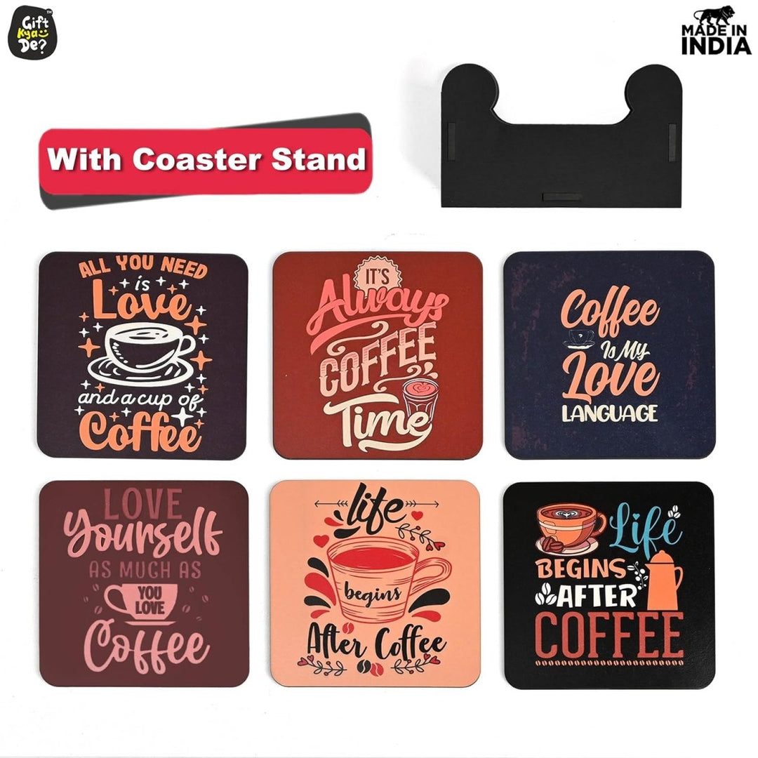 Gift Kya De Coaster Set of 12 | Wooden Square Coasters with Proper Coaster Stand | Designer Coaster Set