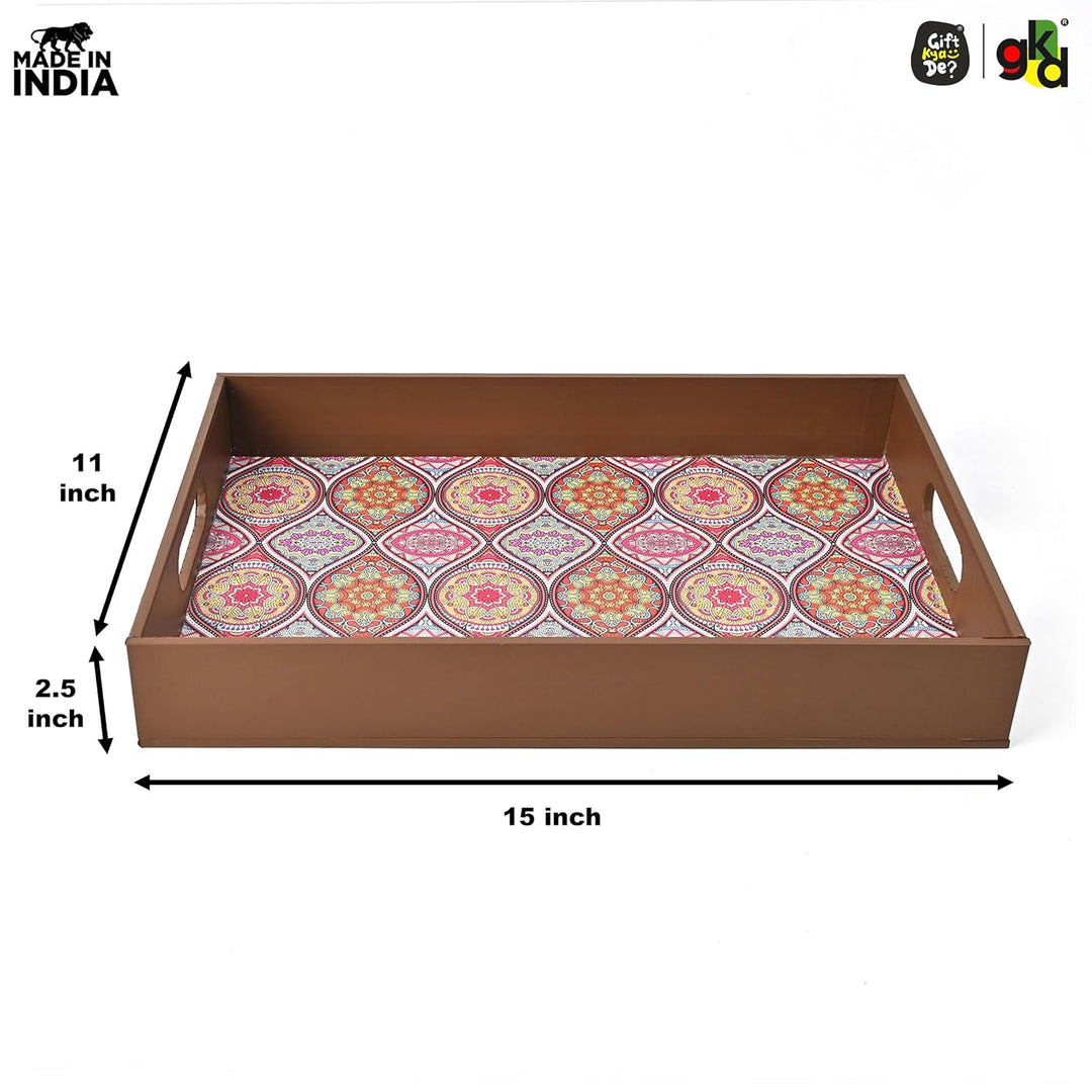 Wooden Serving Tray with 4 Free Coasters – 11x15 Inch Tea, Coffee & Snack Tray – Tray with Handles for Home, Kitchen & Dining