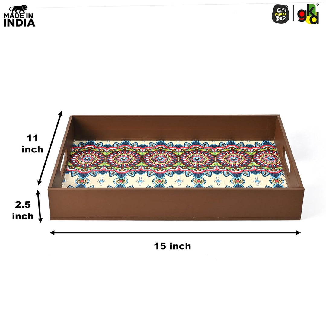 Wooden Serving Tray with 4 Free Coasters – 11x15 Inch Tea, Coffee & Snack Tray – Tray with Handles for Home, Kitchen & Dining