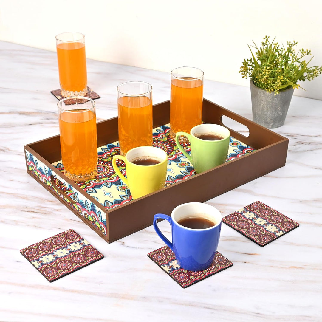 Wooden Serving Tray with 4 Free Coasters – 11x15 Inch Tea, Coffee & Snack Tray – Tray with Handles for Home, Kitchen & Dining