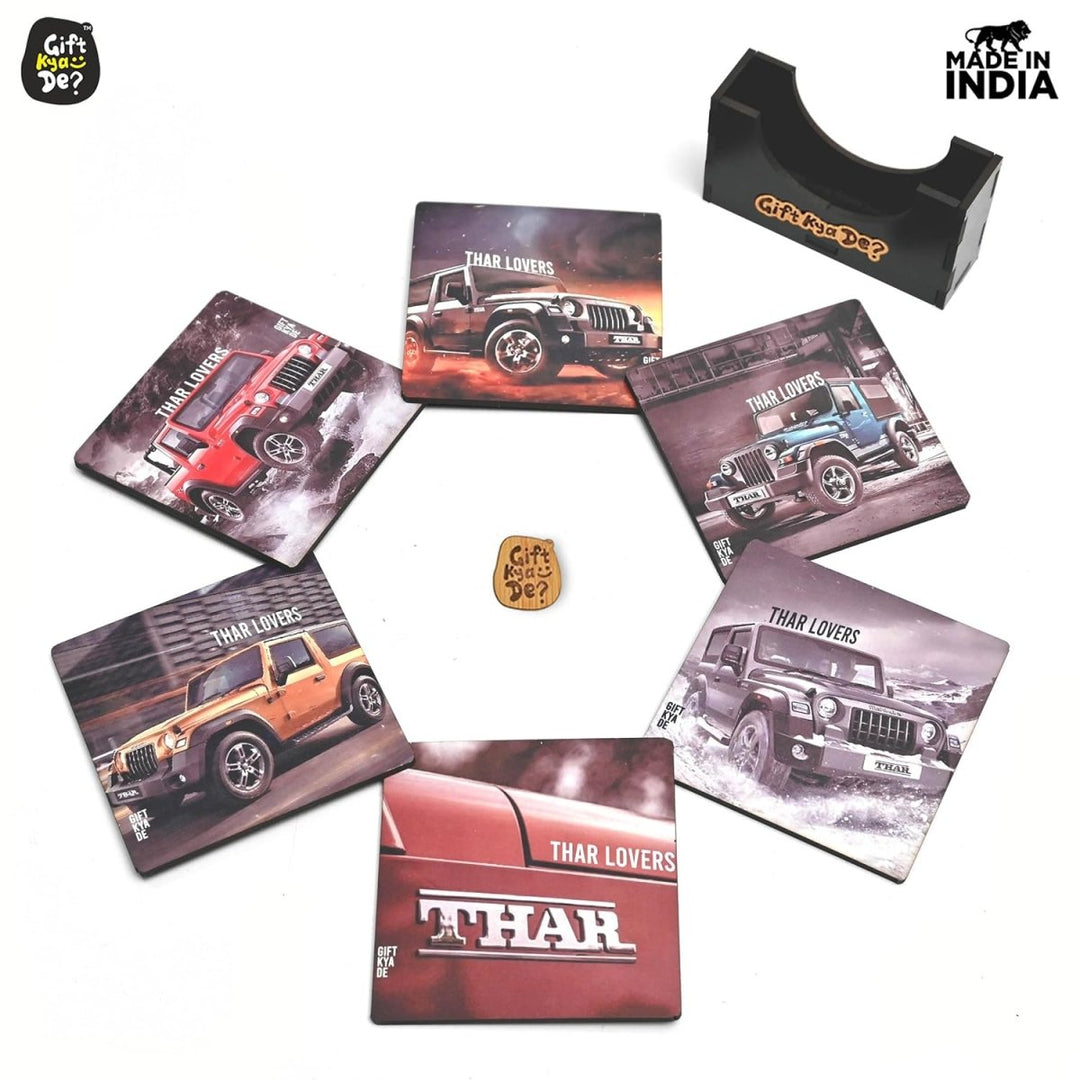 Gift Kya De Coaster Set of 6 Bullet Bike & Thar Car Lover | Gifts with Proper Coaster Stand | Set fit for Tea Cups, Coffee Mugs and Glasses (Square 10 x 10 cm)
