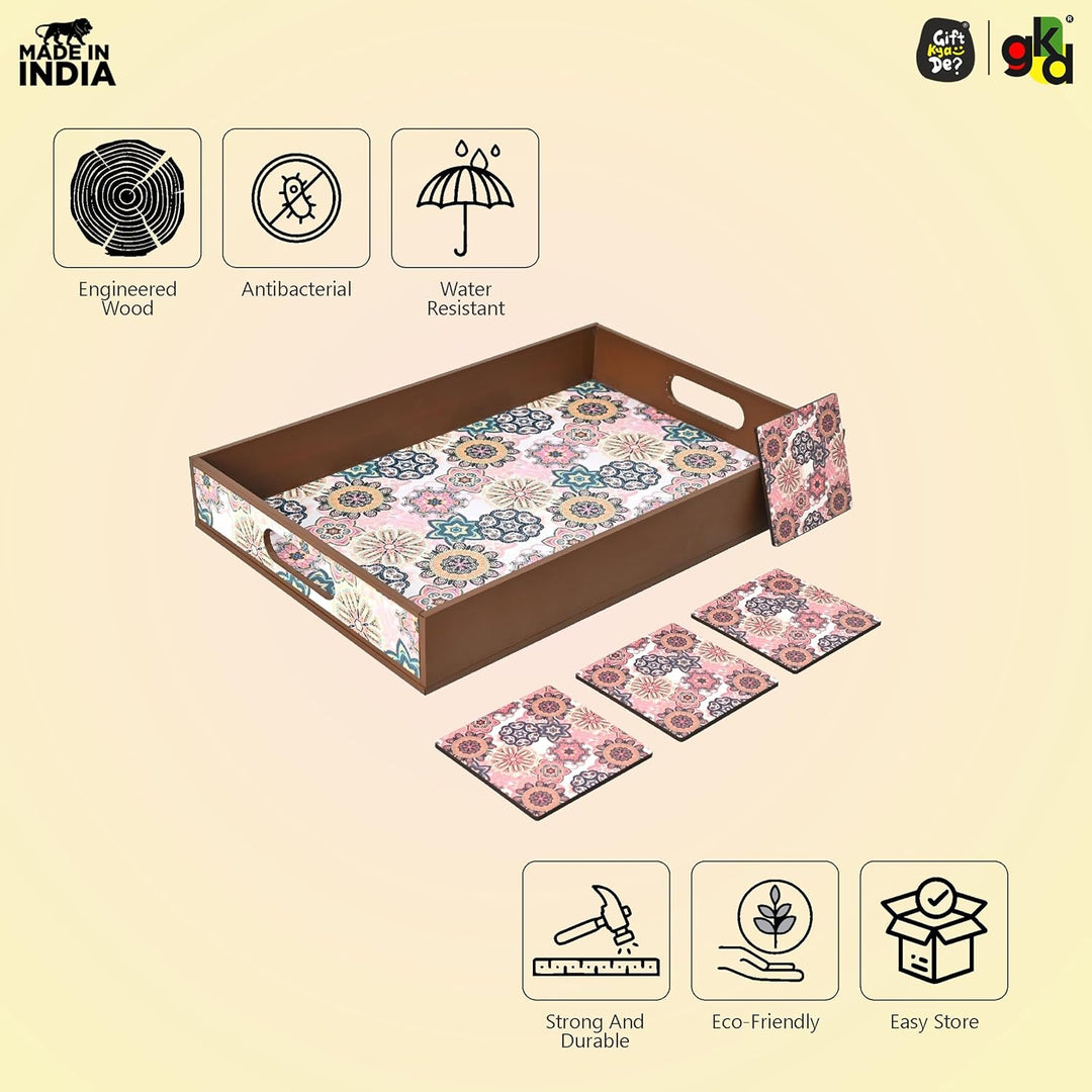 Wooden Serving Tray with 4 Free Coasters – 11x15 Inch Tea, Coffee & Snack Tray – Tray with Handles for Home, Kitchen & Dining