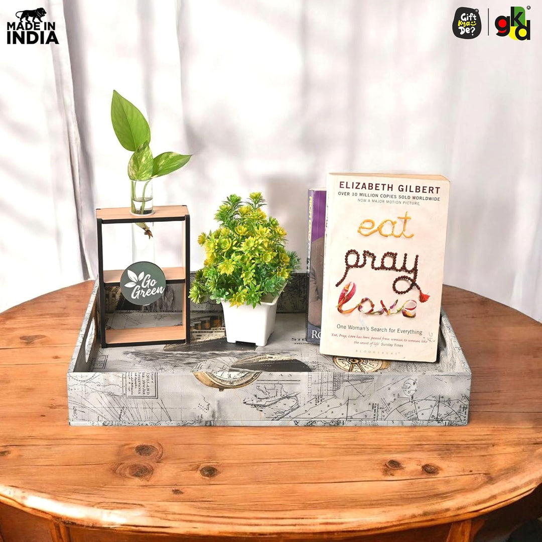 Wooden Serving Tray with 4 Free Coasters – 11x15 Inch Tea, Coffee & Snack Tray – Tray with Handles for Home, Kitchen & Dining