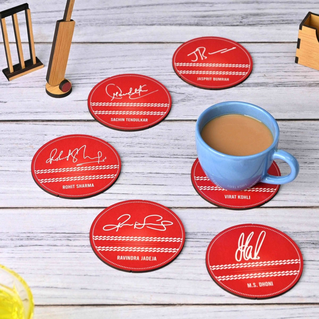 Gift Kya De Cricket Themed Coaster Set of 6 with Proper Coaster Stand | Perfect For Tea And Coffee Cups