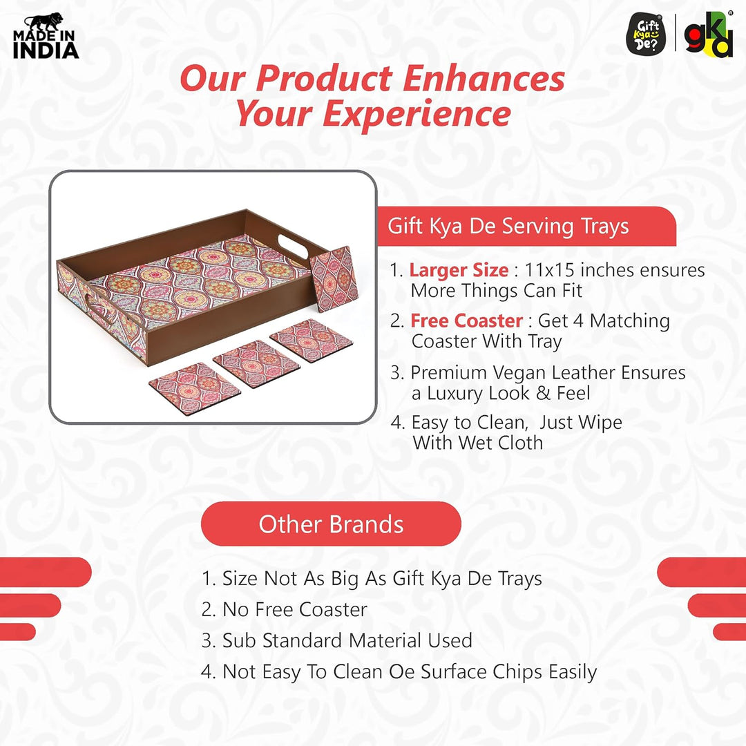 Wooden Serving Tray with 4 Free Coasters – 11x15 Inch Tea, Coffee & Snack Tray – Tray with Handles for Home, Kitchen & Dining