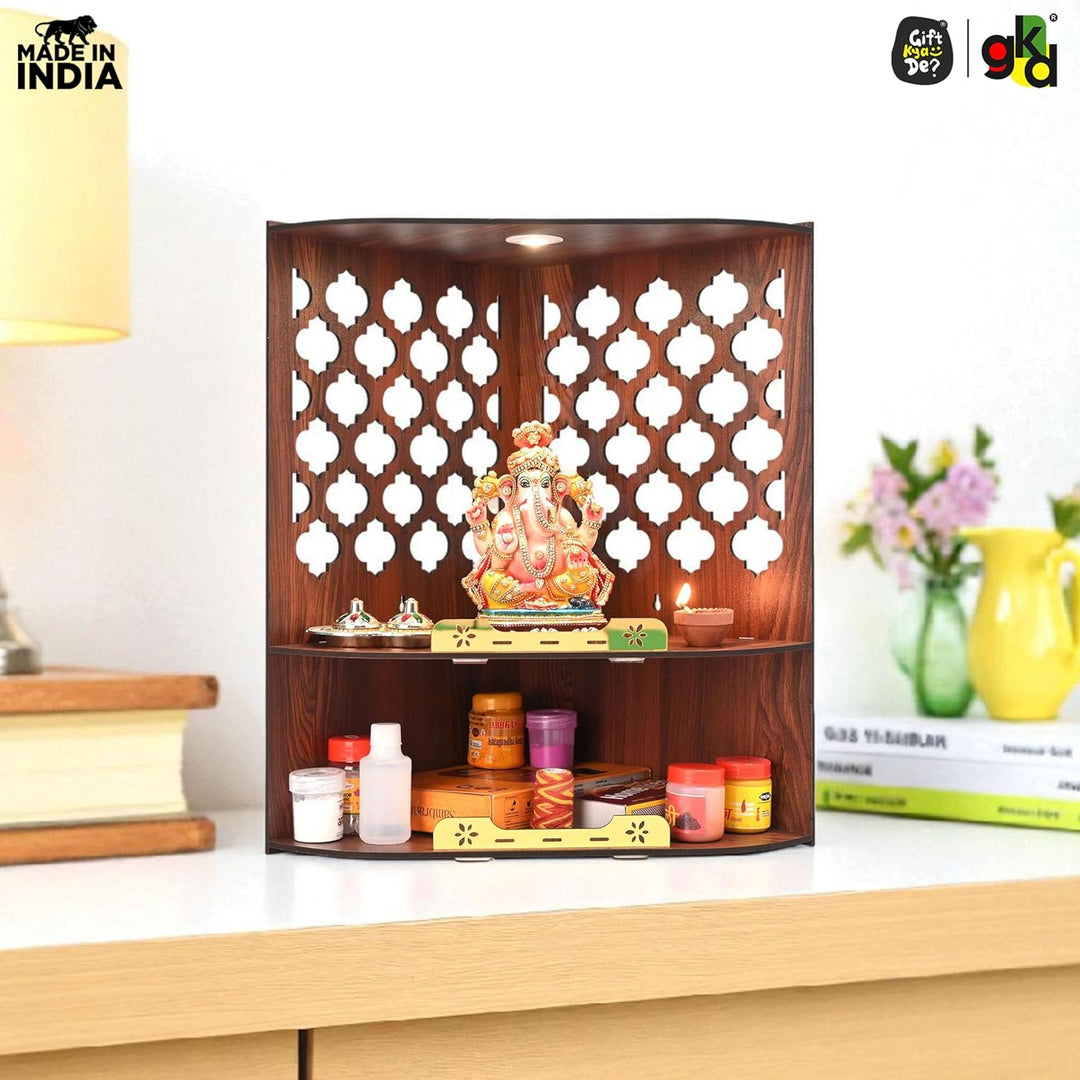 Wooden Corner Pooja Mandir for Home & Office | Wall Mounted Pooja Stand with LED Light (H-17 x W-10 x L-15 Inch)