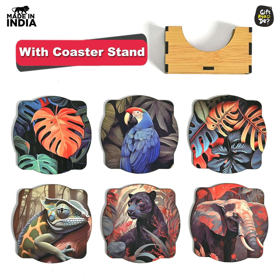 Gift Kya De Coaster Set of 6 Unique Birds & Jungle Theme Design | Wooden Coasters to Serve Tea Cups, Coffee Mugs and Glasses (Ecofriendly)