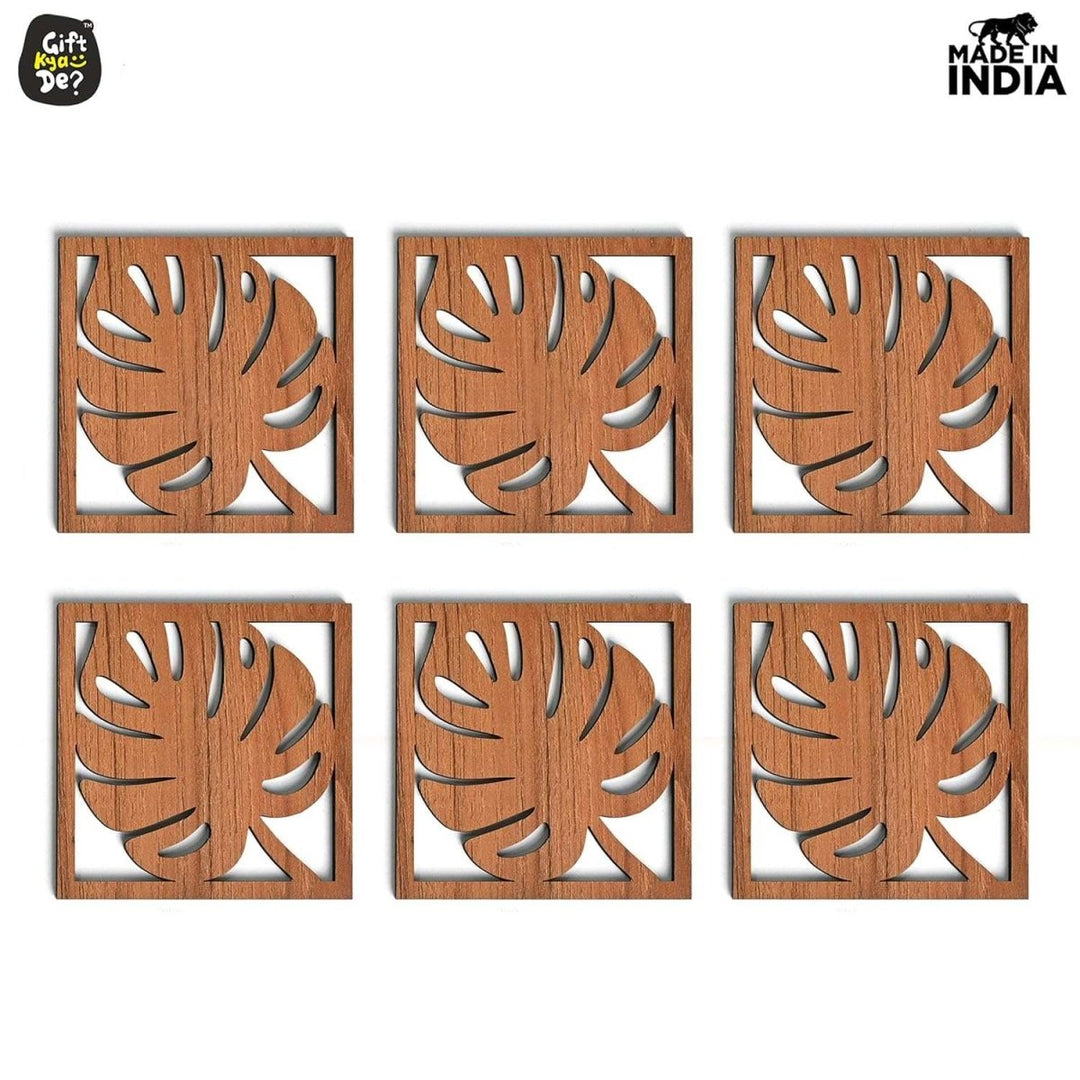Gift Kya De Coaster Set of 6 Leaf Cutwork Design | Wooden Coasters to Serve Tea Cups, Coffee Mugs and Glasses