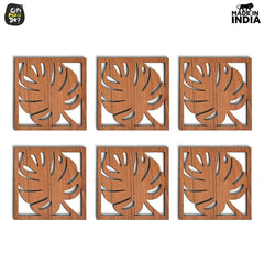 Gift Kya De Coaster Set of 6 Leaf Cutwork Design | Wooden Coasters to Serve Tea Cups, Coffee Mugs and Glasses