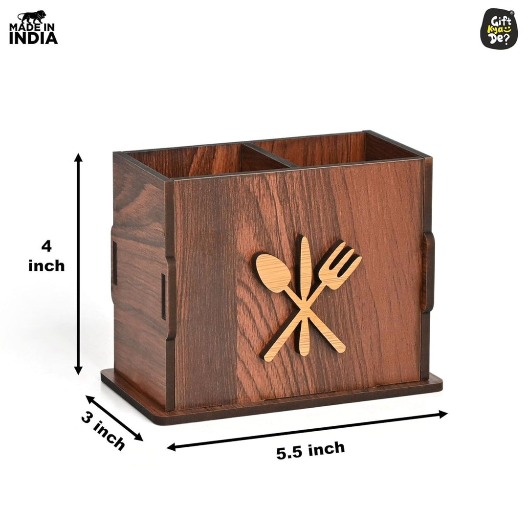 Gift Kya De 2 Compartments Wooden Cutlery Stand for Kitchen & Dining Table | Spoon, Knife & Fork Holder
