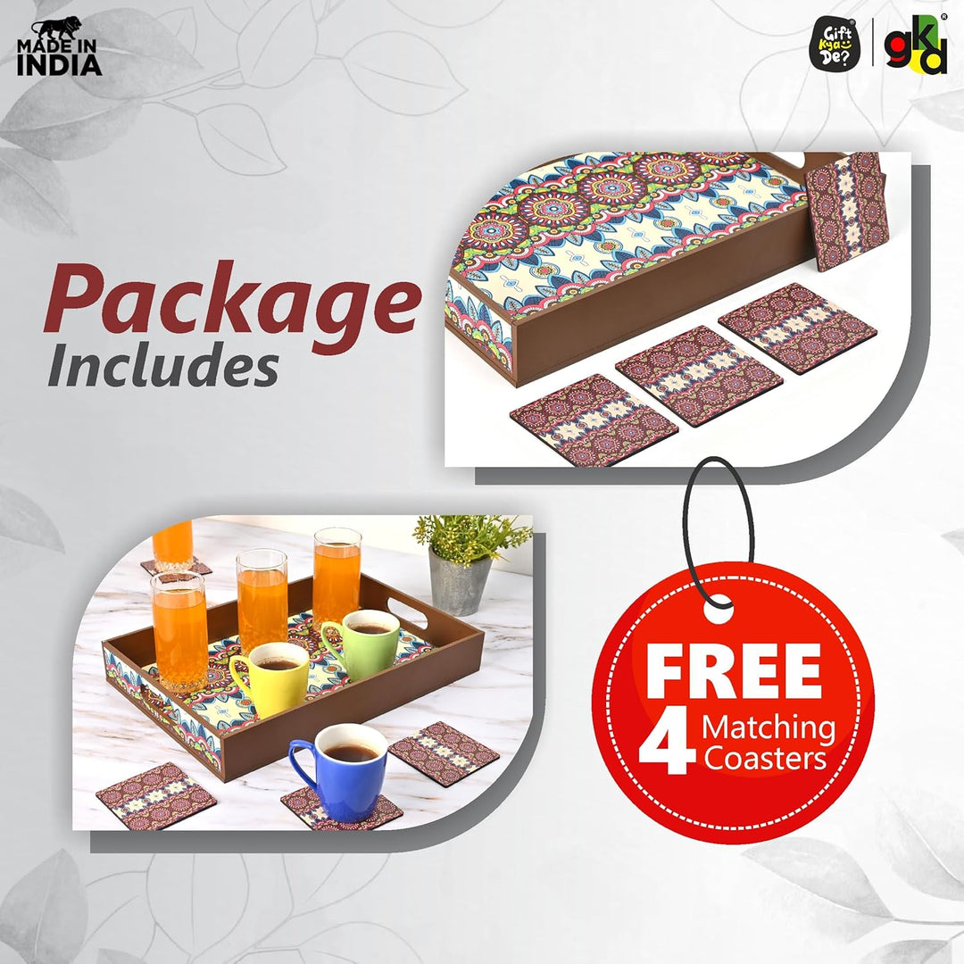 Wooden Serving Tray with 4 Free Coasters – 11x15 Inch Tea, Coffee & Snack Tray – Tray with Handles for Home, Kitchen & Dining