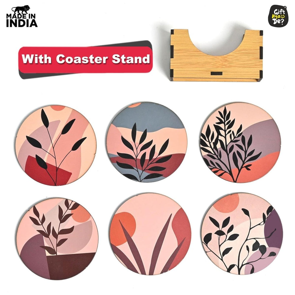 Gift Kya De Coaster Set of 6 Modern Art Design | Wooden Coasters to Serve Tea Cups, Coffee Mugs and Glasses