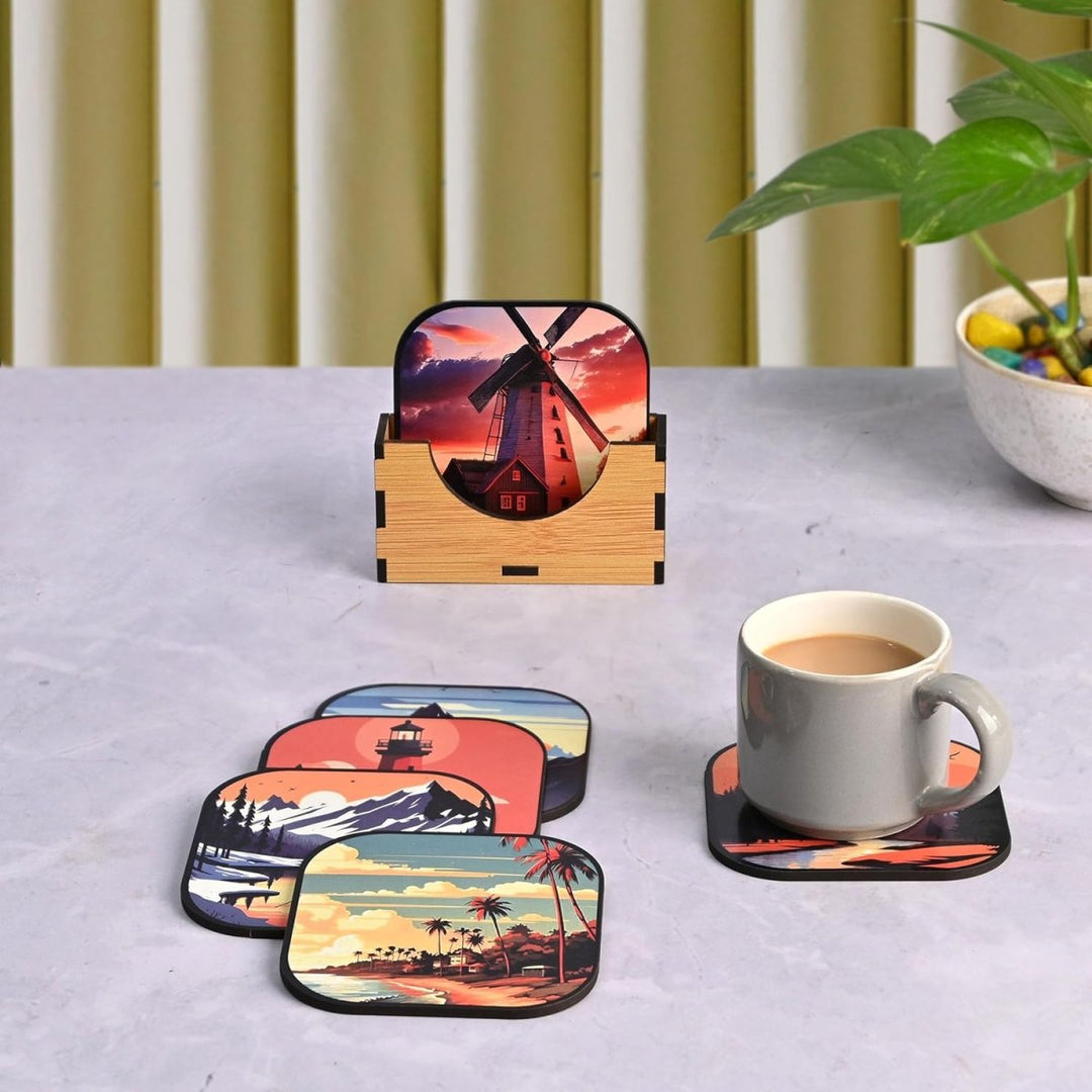 Gift Kya De Coaster Set of 6 Nature & Travel Theme Design | Wooden Coasters to Serve Tea Cups, Coffee Mugs and Glasses