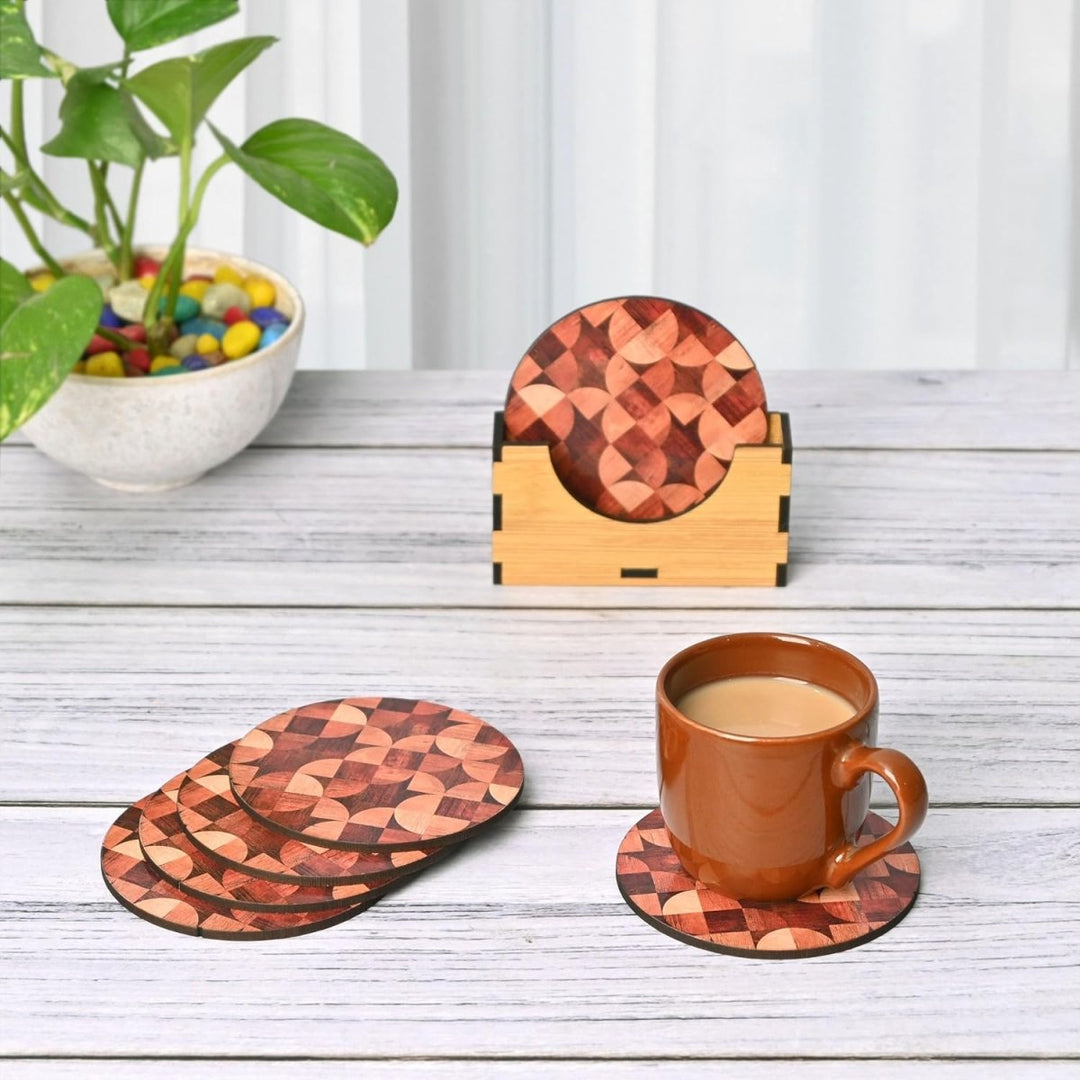 Gift Kya De Coaster Set of 6 Woody Design | Wooden Coasters With Coaster Stand | Kitchen Accessories (Ecofriendly)